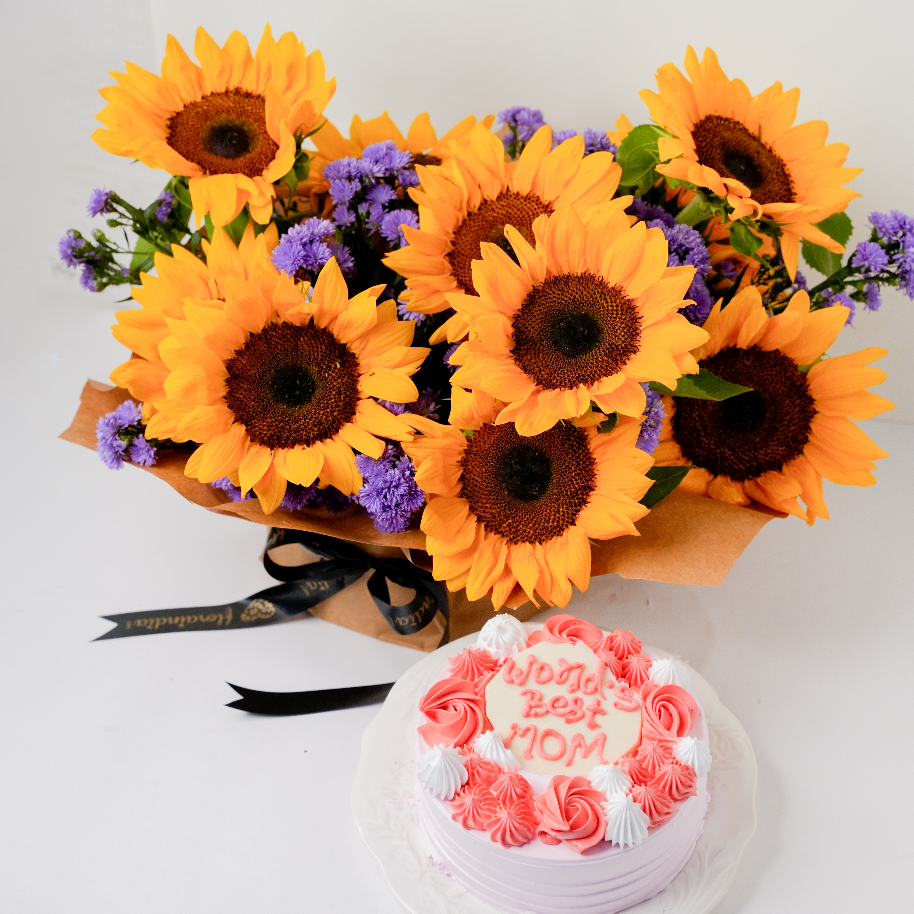 Sunflower & Blue Daisy Vase with Pineapple Cake