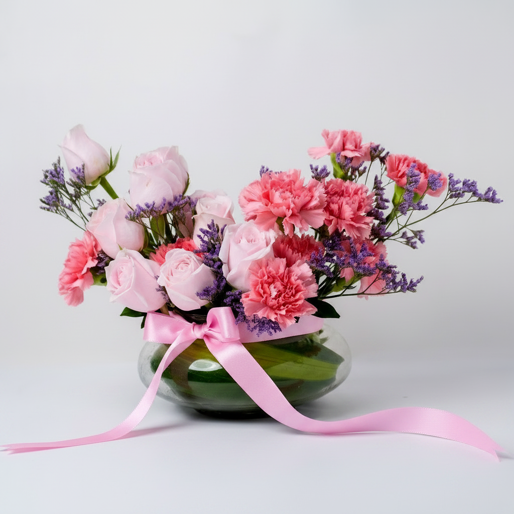 Pink Roses & Carnations in Glass Vase