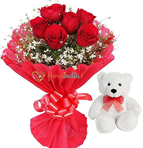 6 Red Roses Bunch & 1 Teddy Bear
