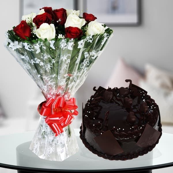 Red and White Roses Bouquet & Chocolate Cake