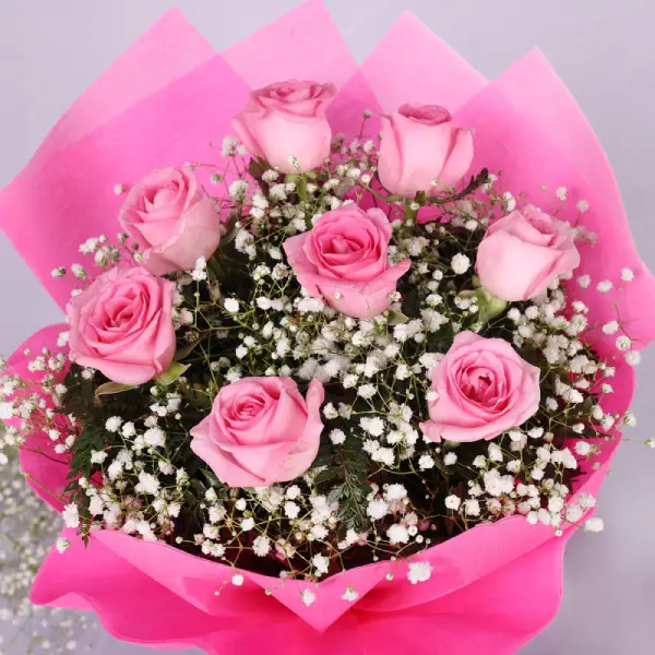 Fresh Flowers Bunch of 8 Pink Roses with Paper Packing