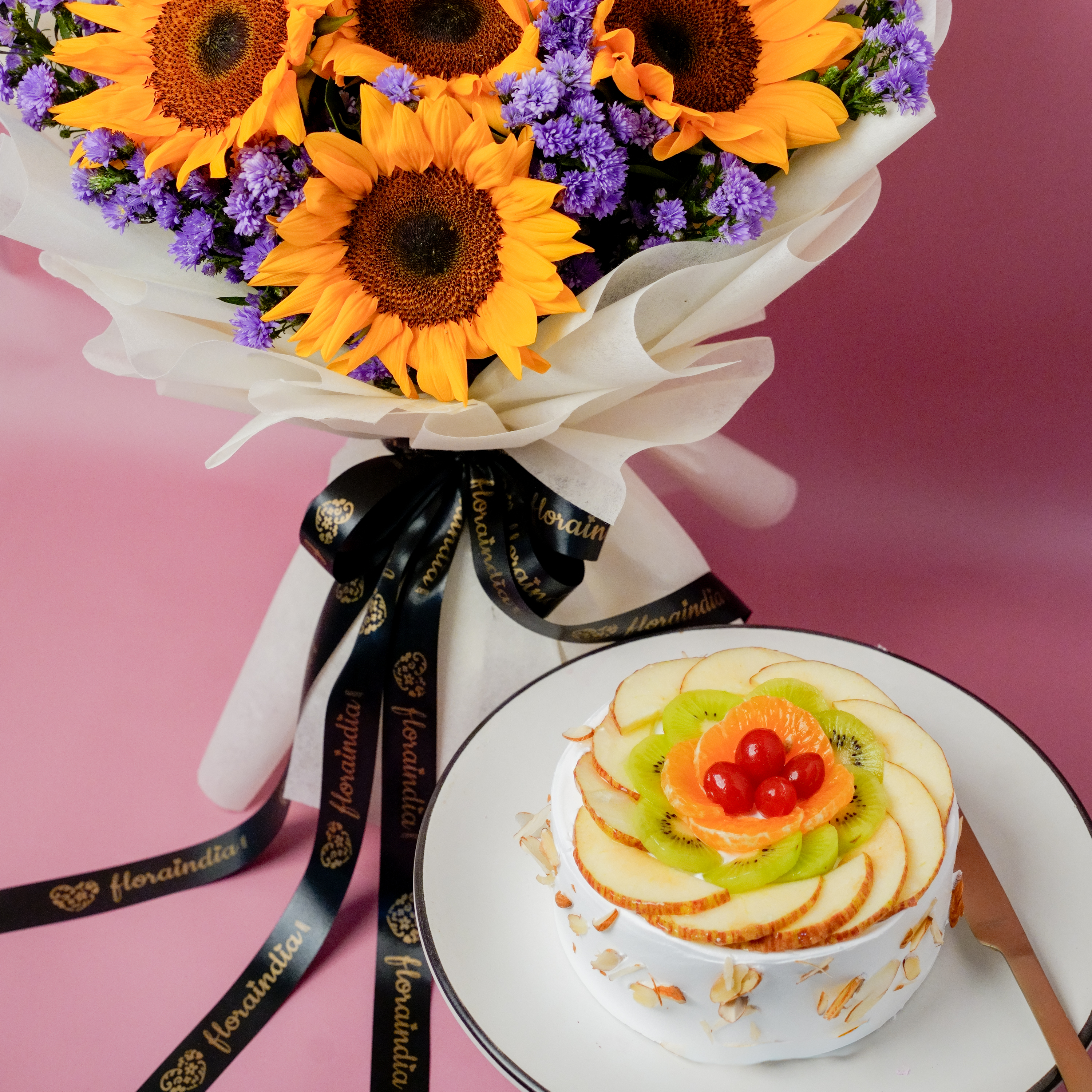 Sunflower Bouquet with Blue Daisies & Fresh Fruit Cake