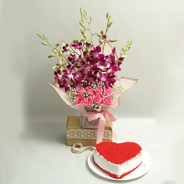 Orchid Roses & Velvet Heart Cake