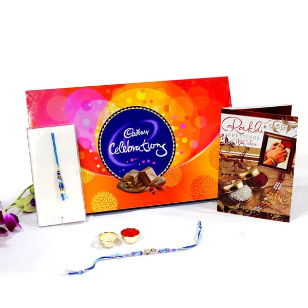 Colorful Blue Rakhi & Lumba with Cadbury Celebrations Chocolate box