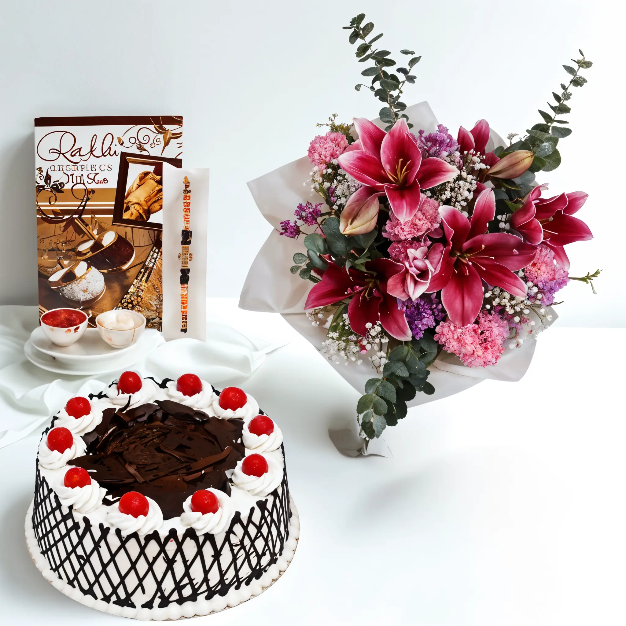 Auspicious Rakhi Set with Flowers & Cake