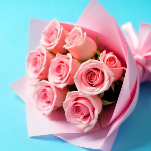 Fresh Flowers Bunch of 8 Pink Roses with Paper Packing