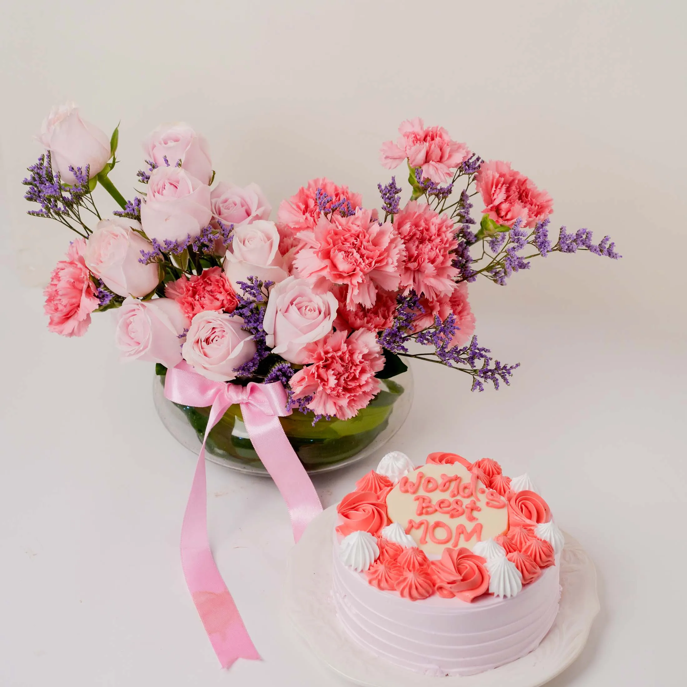 Pink Roses & Carnations Vase with Pineapple Cake for Mom