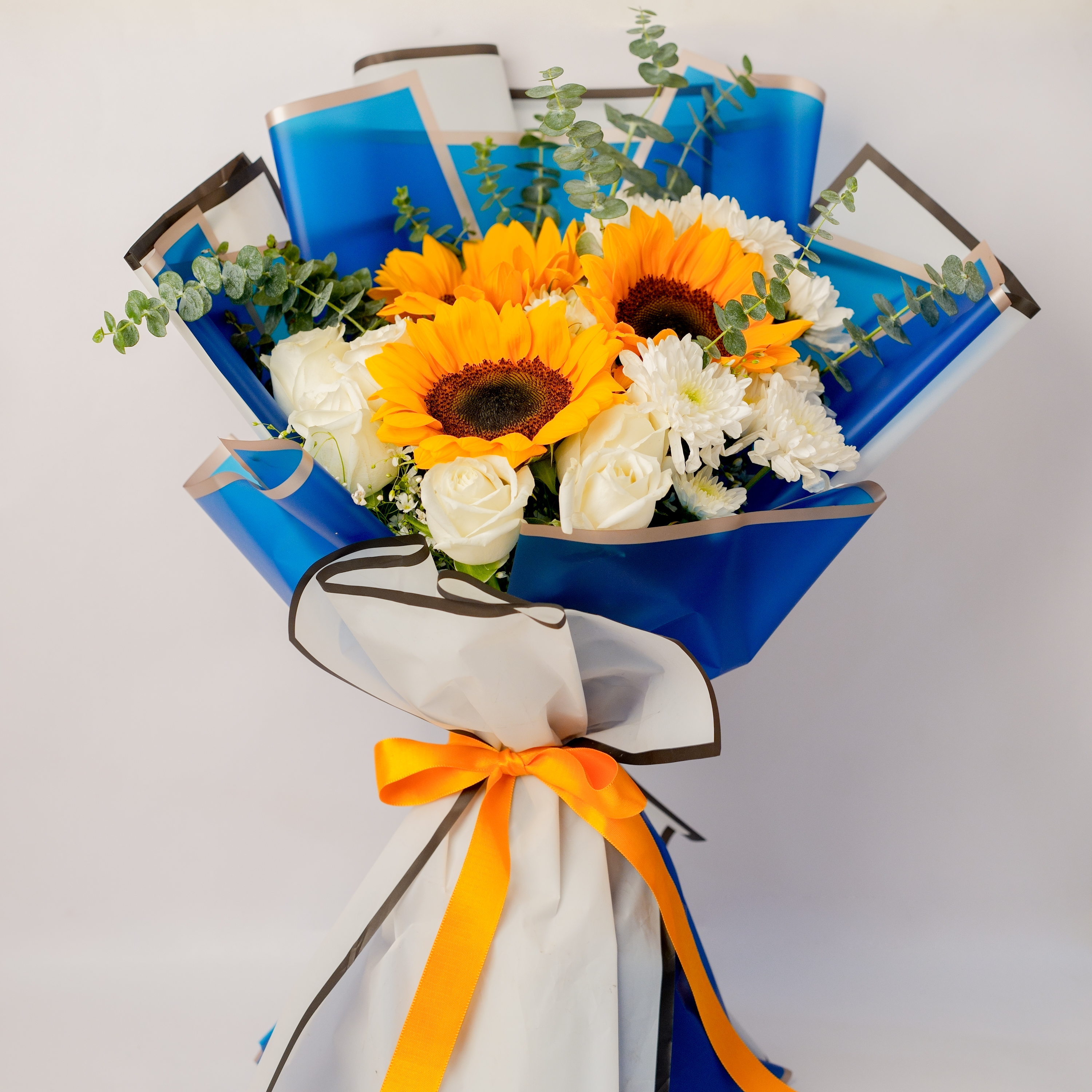 Sunflower & White Rose Bouquet with Chrysanthemums