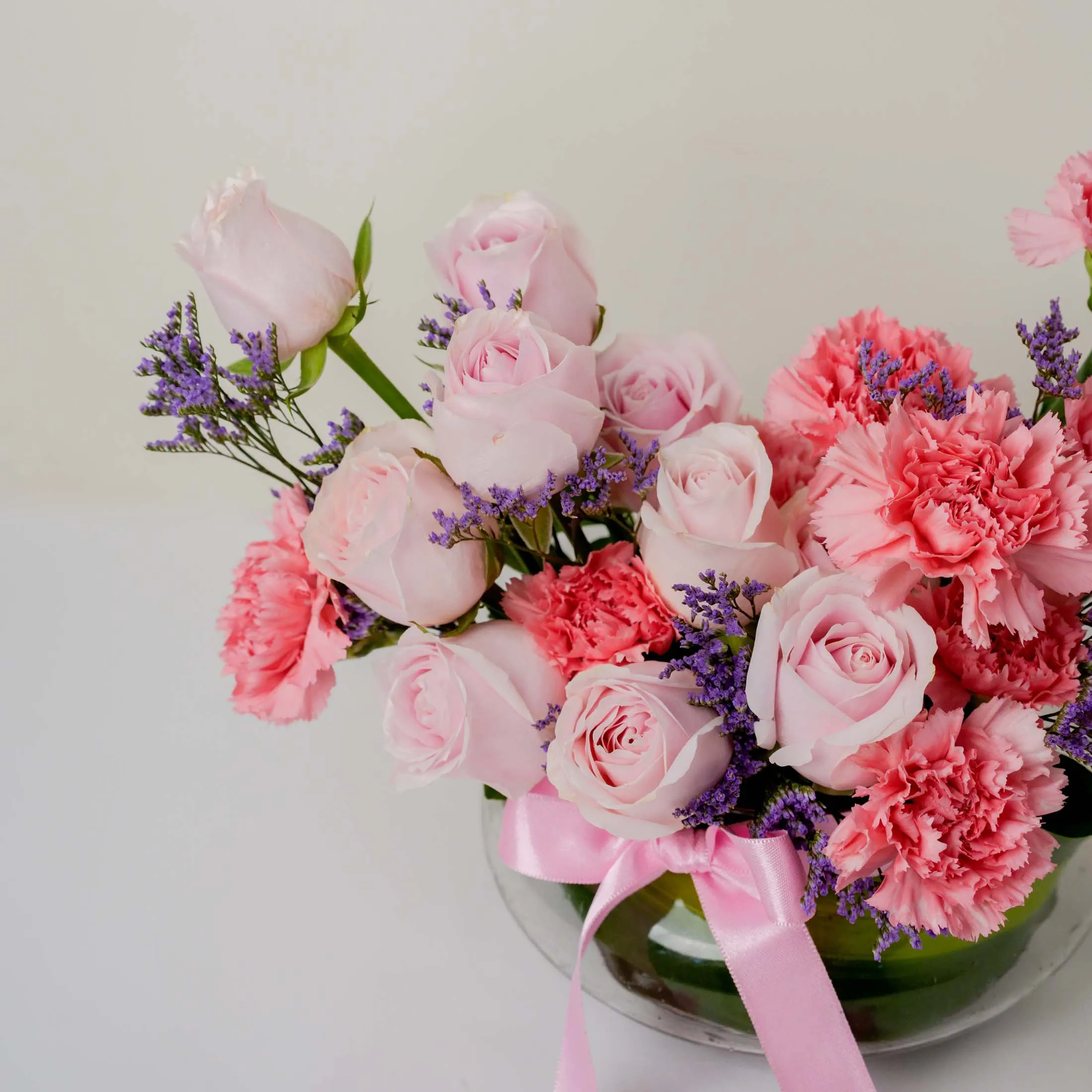 Pink Roses & Carnations Vase with Pineapple Cake for Mom