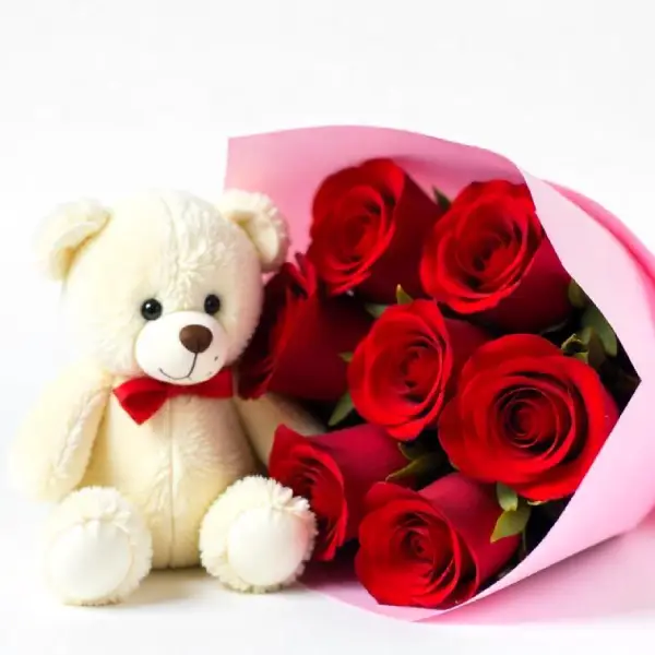 6 Red Roses Bunch & 1 Teddy Bear