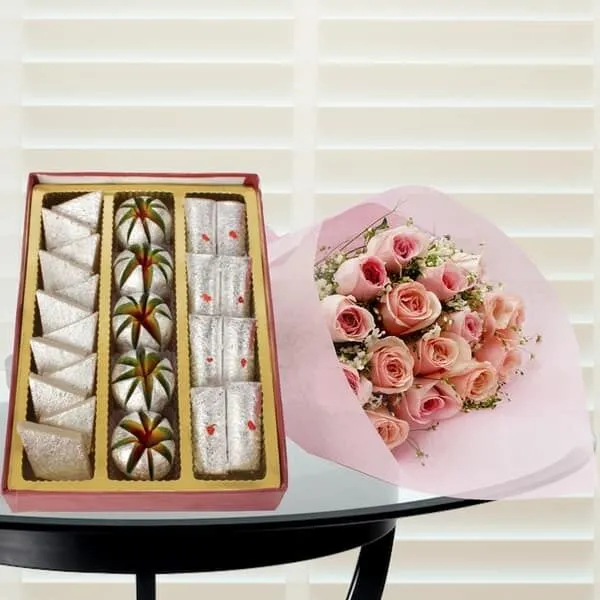 Pink Pearl Roses and Assorted Kaju Sweets Pink Pearl Roses and Assorted Kaju Sweets