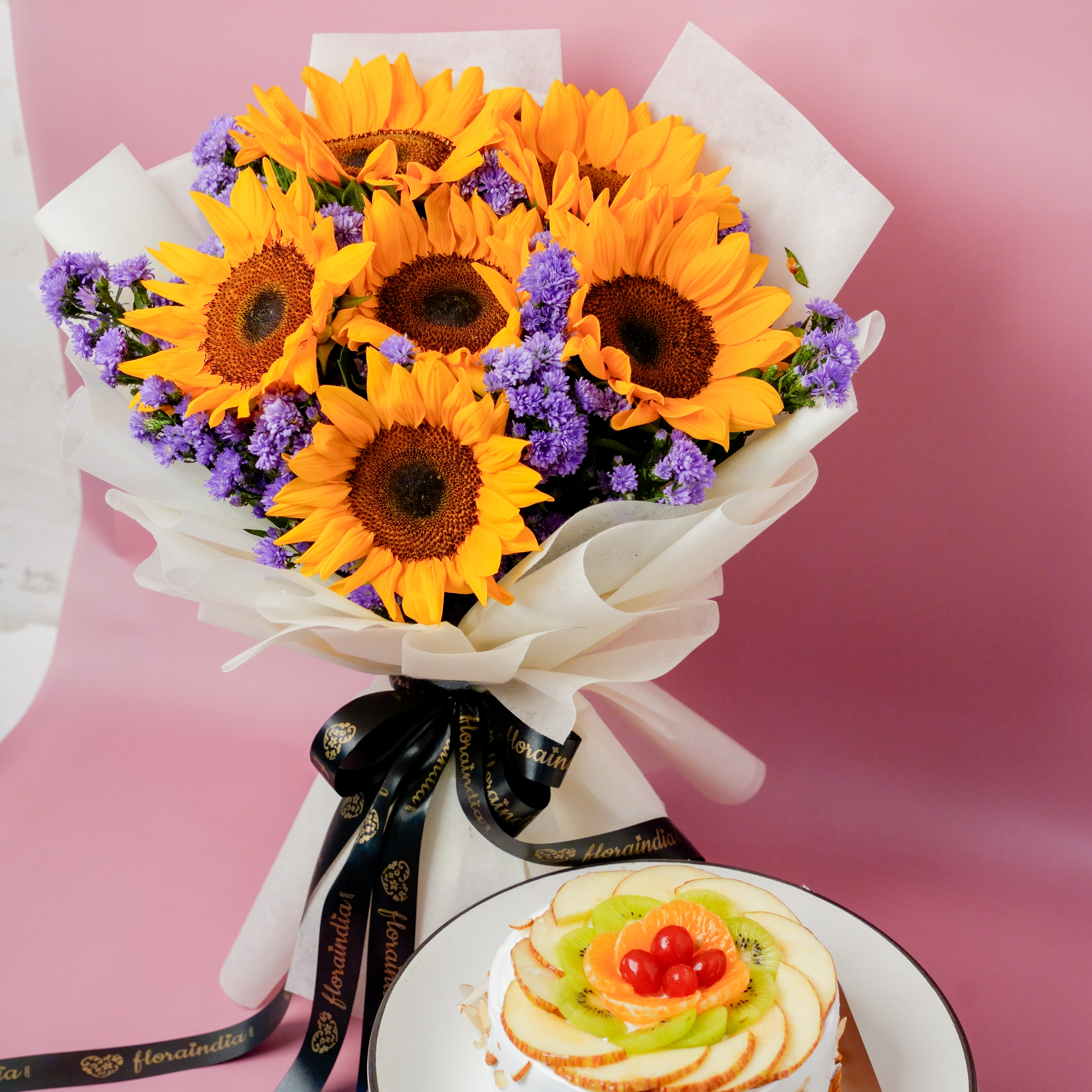 Sunflower Bouquet with Blue Daisies & Fresh Fruit Cake