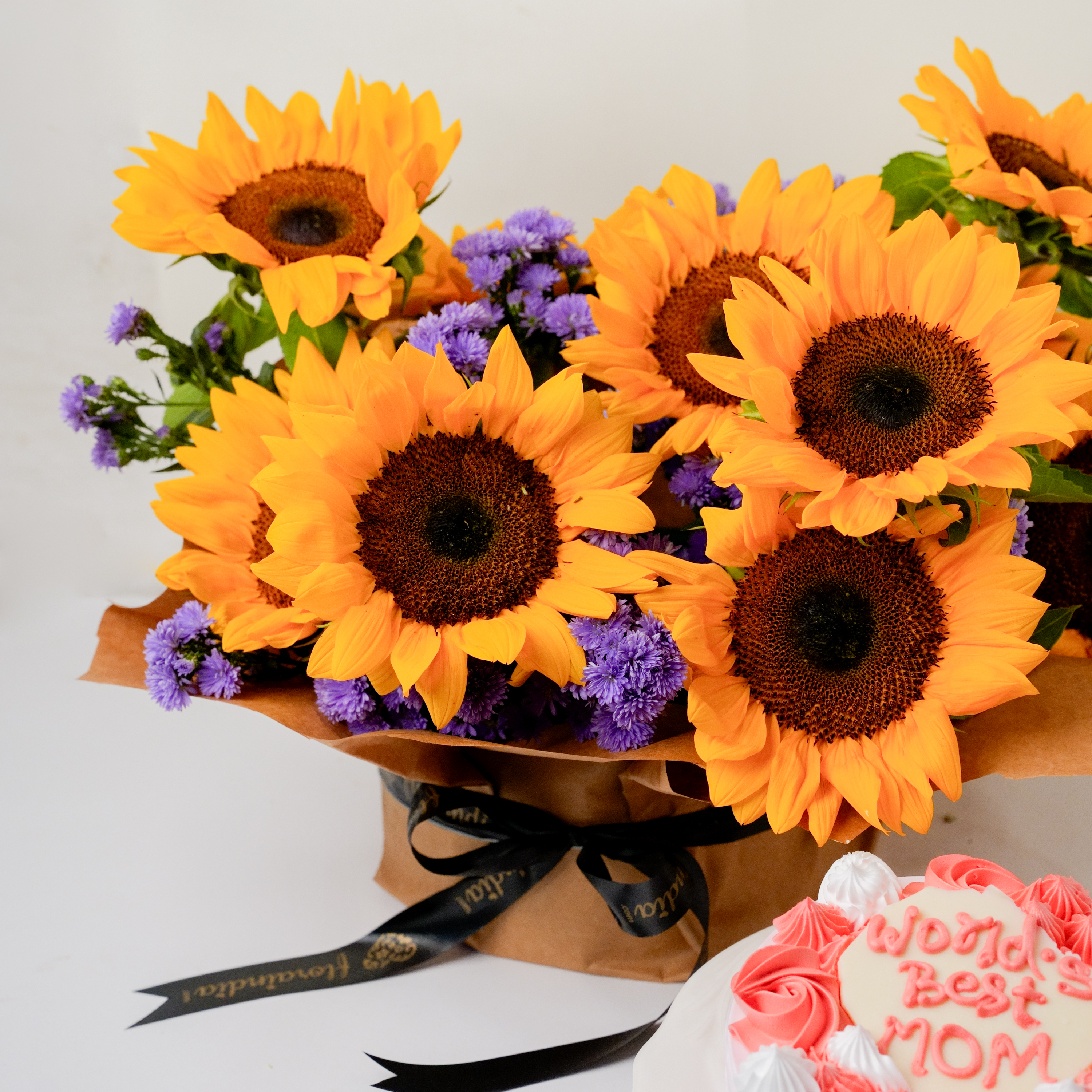 Sunflower & Blue Daisy Vase with Pineapple Cake