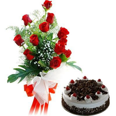 15 red roses & 1/2Kg eggless blackforest cake