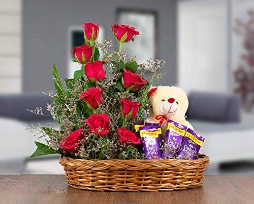 Premium Flower Basket of Roses, Cadbury Chocolates & Teddy Bear