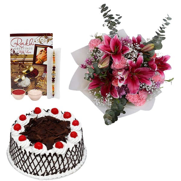 Auspicious Rakhi Set with Flowers & Cake