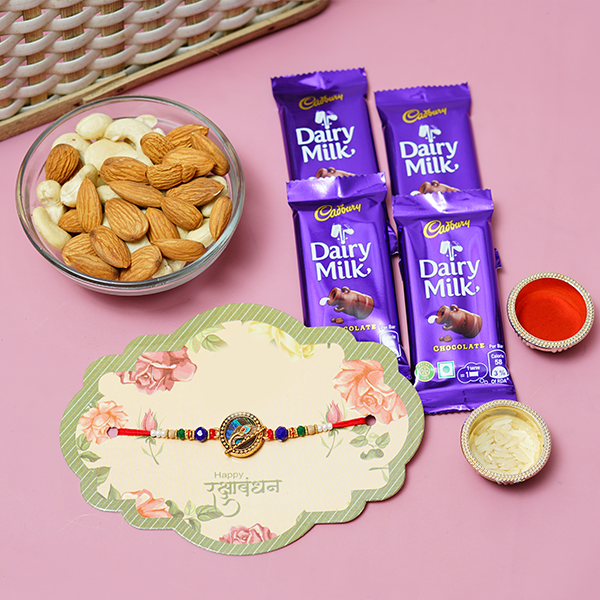 Designer Metal Rakhi with Chocolates & Cashew Nuts