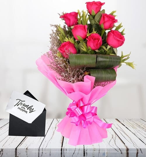 Fresh Flowers Bunch of 8 Pink Roses with Paper Packing