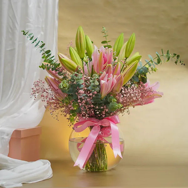 Pink Oriental Lilies and Gypso Bowl