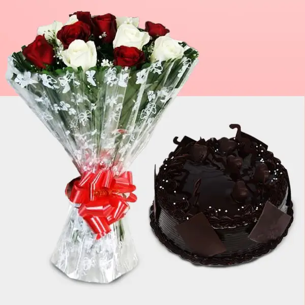 Mixed Roses with Chocolate Cake