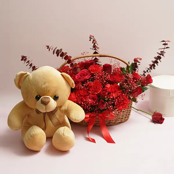 Red Rose Basket with Warm Hugs
