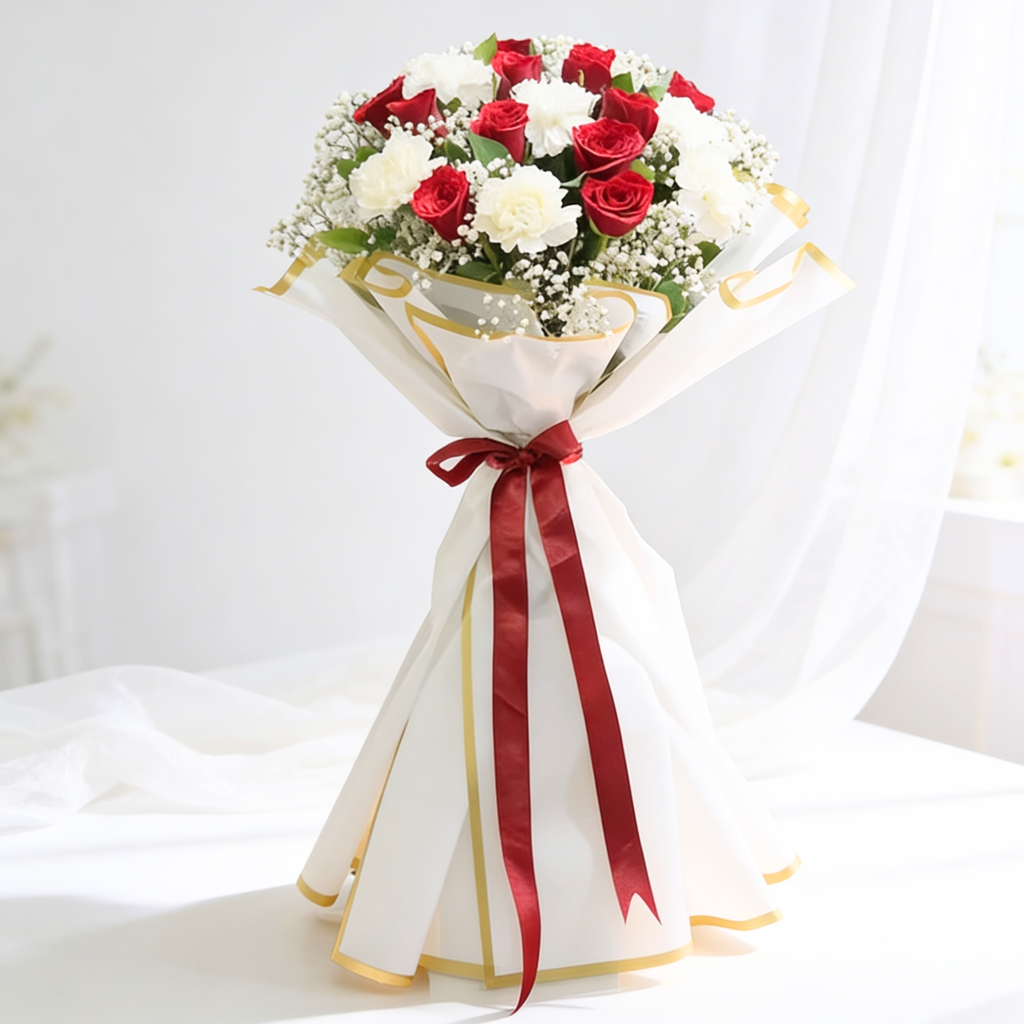 Classic Red Rose & White Carnation Bouquet