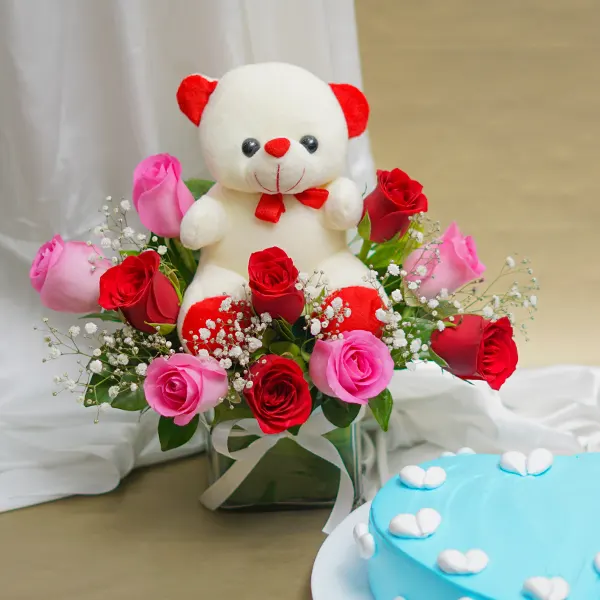 Rose with Teddy Bear and Heart Cake