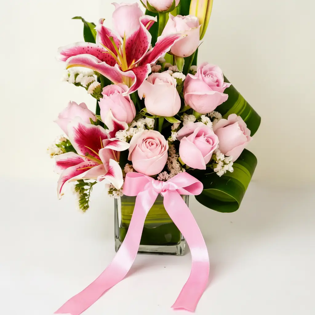Pink Rose Lily Bouquet in Vase