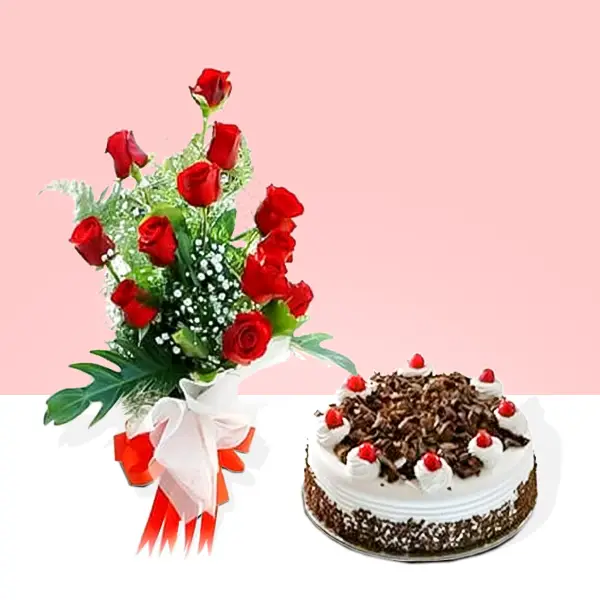 15 Red Roses & 1/2 Kg Eggless Black Forest Cake