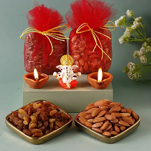 Dry Fruits Potlis With 2 Clay Diyas