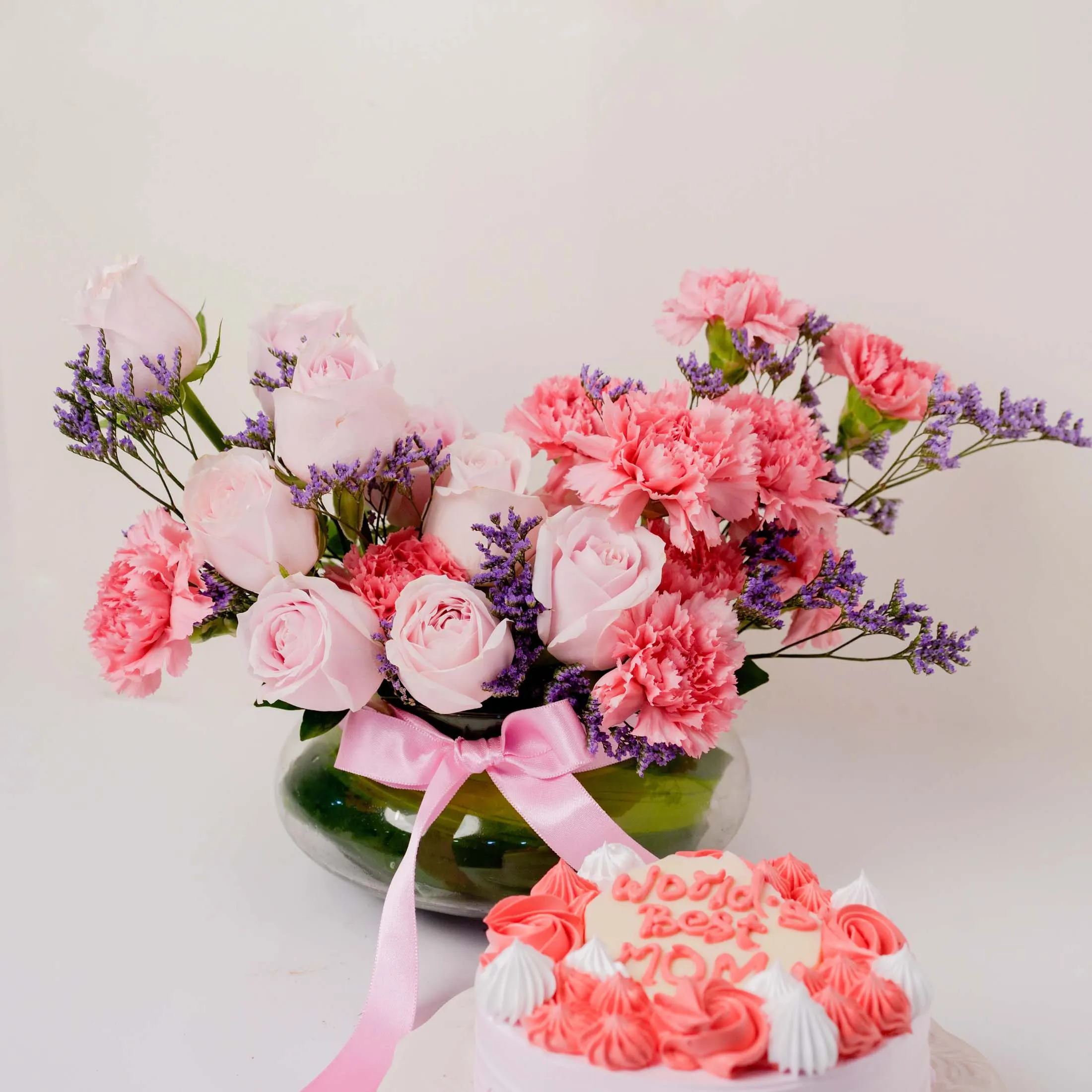 Pink Roses & Carnations Vase with Pineapple Cake for Mom
