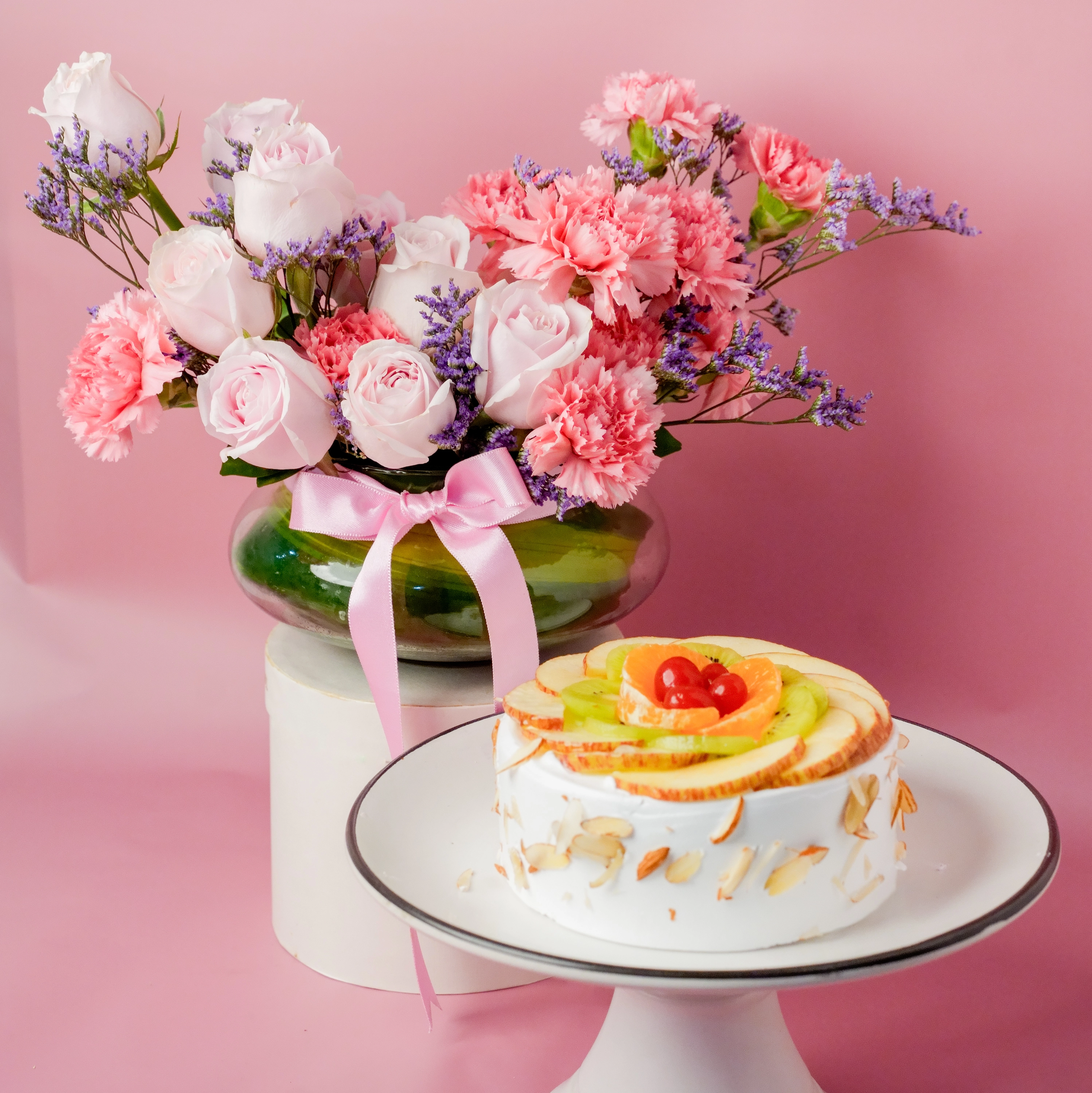 Blush Blooms & Fresh Fruit Cake