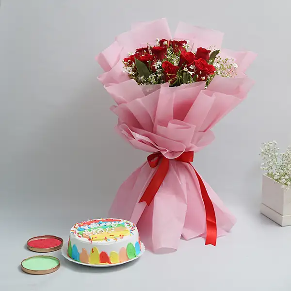 Red Roses Bouquet & Pineapple Holi Cake
