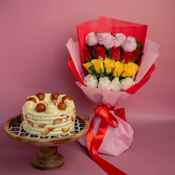 Mixed Color Roses Bunch With Gulab Jamun Cake