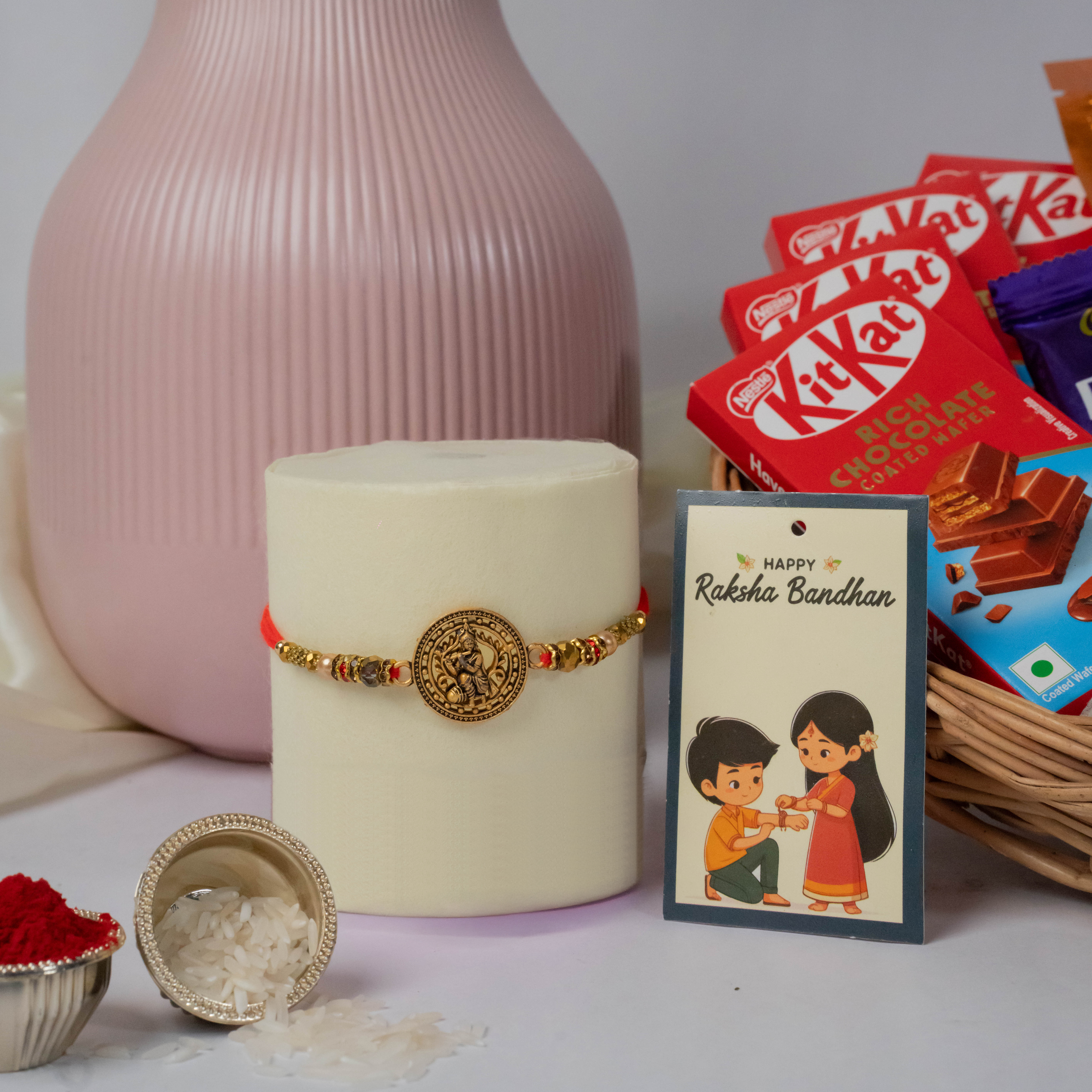 Pious Krishna Rakhi with Chocolate Bars