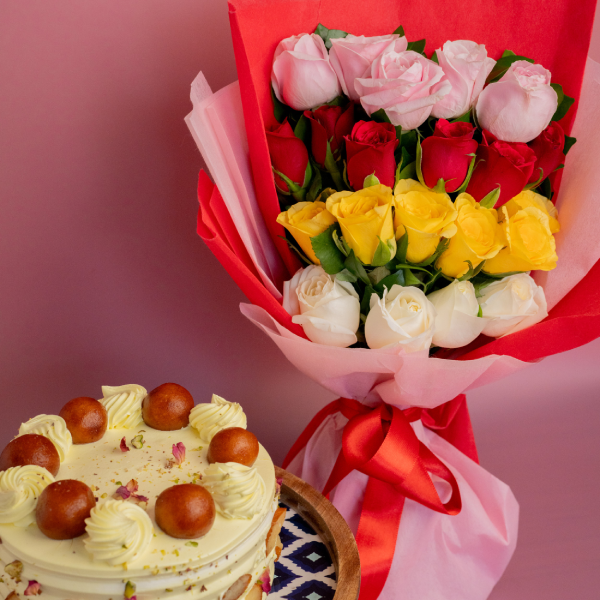 Mixed Color Roses Bunch With Gulab Jamun Cake