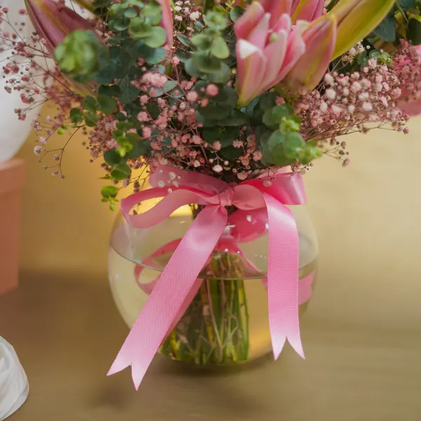 Pink Oriental Lilies and Gypso Bowl