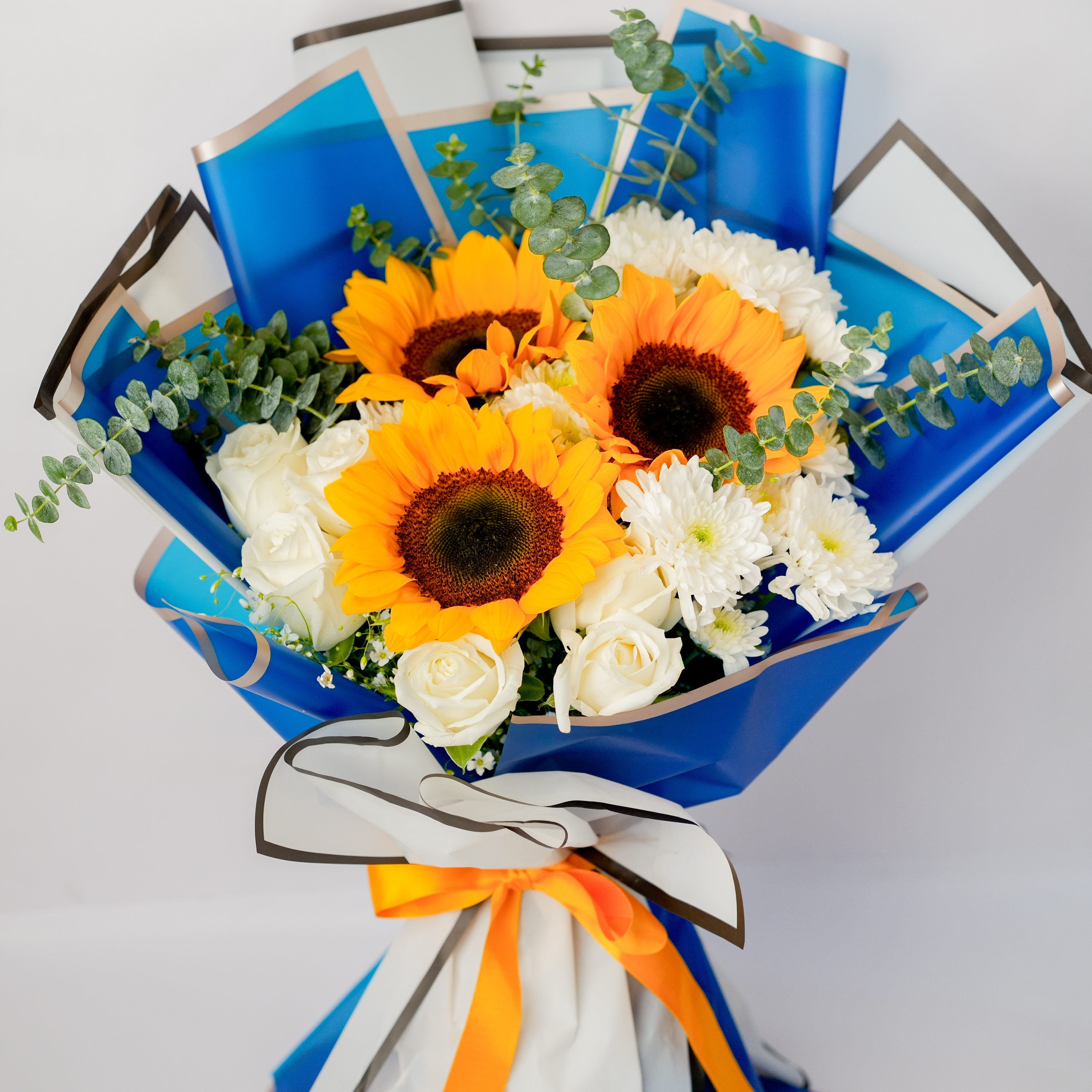 Sunflower & White Rose Bouquet with Chrysanthemums