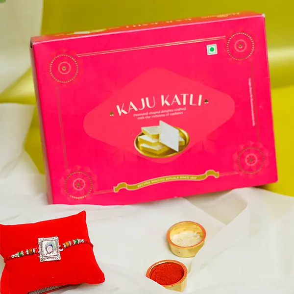 Stone Studded Metal Rakhi with Kaju Burfi