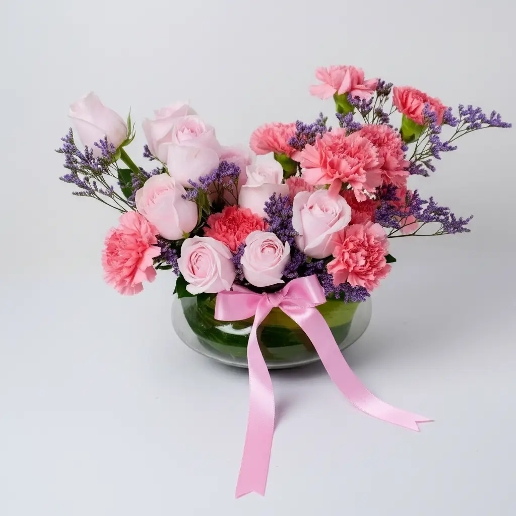 Pink Roses & Carnations in Glass Vase Pink Roses & Carnations in Glass Vase