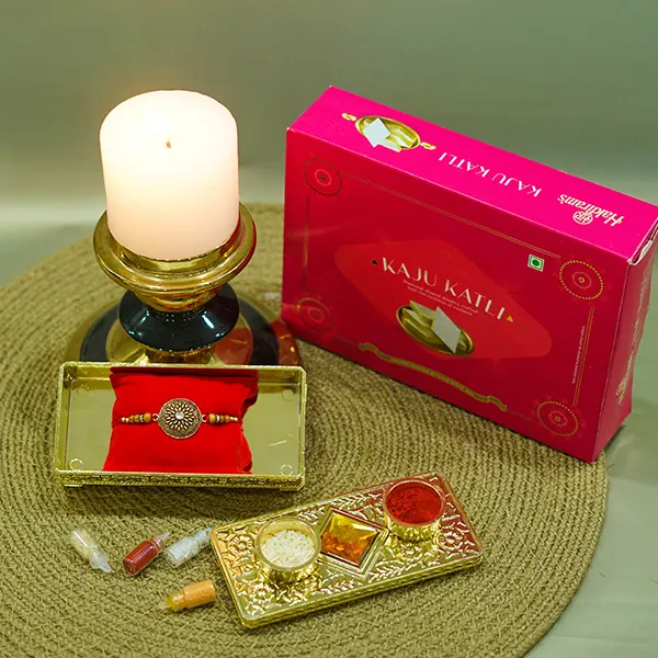 Designer Stone Rakhi with Kaju Katli