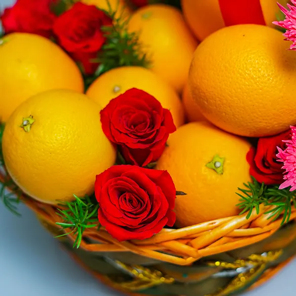 Fresh Blooms & Fruitful Basket