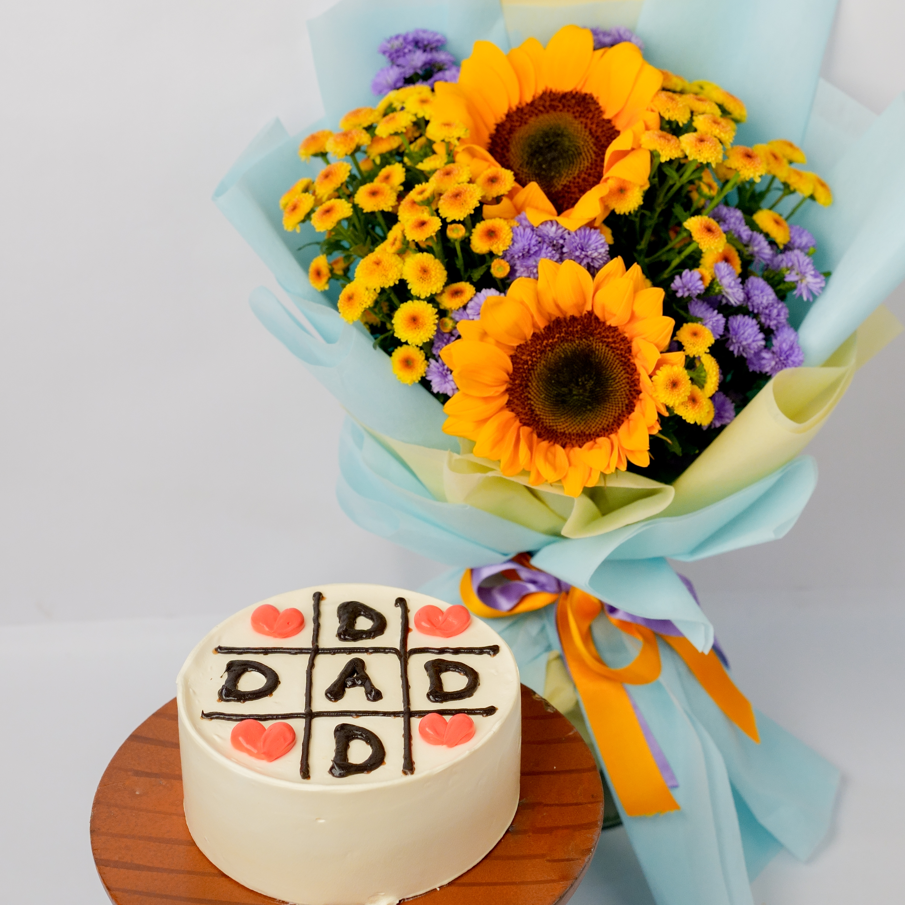 Butterscotch Dad Cake with Sunflower & Daisy Bouquet