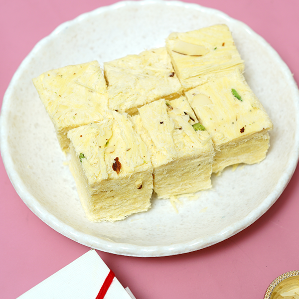 Stone Studded Metal Rakhi with Soan Papdi