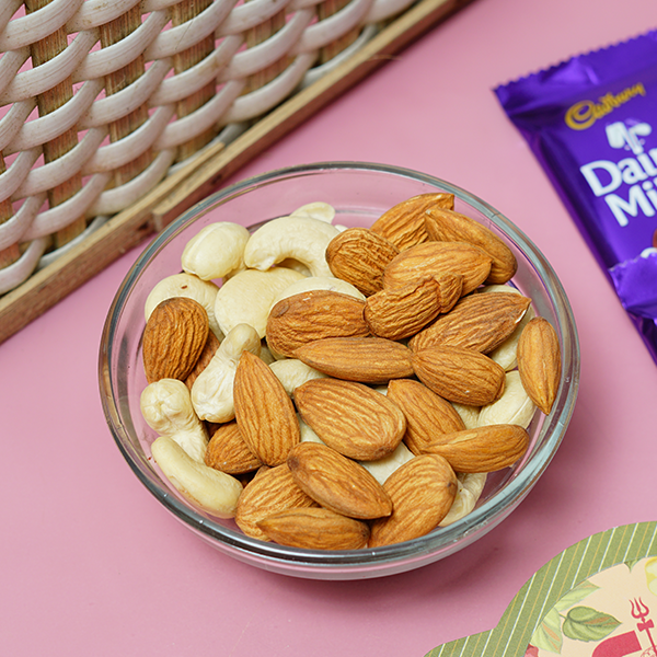 Designer Metal Rakhi with Chocolates & Cashew Nuts