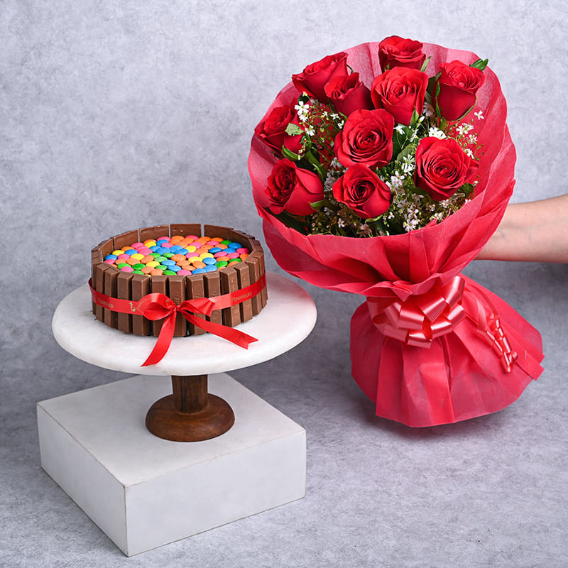 Red Roses Bouquet &Choco Mini Gems Cake