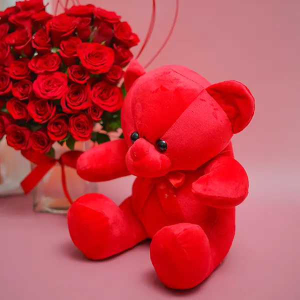 Heart-Shaped Red Roses & Teddy