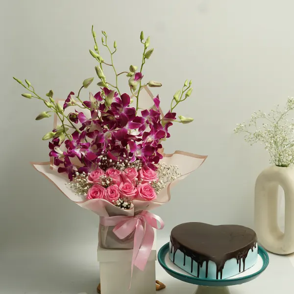 Purple Orchids & Sweet Heart Cake