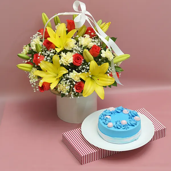 Yellow Floral Basket & Berry Cake