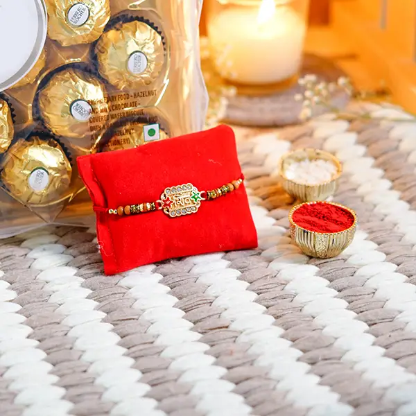 Stone Studded Rakhi with Ferrero Rocher Chocolate Box